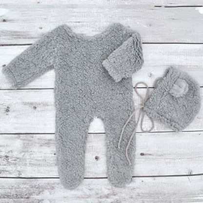 Zeroest Newborn Photography Props Boy Outfits Bear Baby Girl Photo Props Outfits Hat Footed Romper Sleeved Set for Photoshoot - color: Gray
