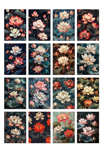 Decoupage Paper Pack (35 Sheets 6"x8") Lotus Serenity: Beautifully Detailed Lotus Flowers in Soft Pinks and Whites, Set Against Dark, Tranquil Backgrounds for Peaceful Elegance FLONZ Vintage - color: Six