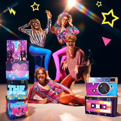 Amyhill 6 Pcs Large 70s Party Decorations Hip Hop Favor Set Paper Party Boxes Novelty Disco Theme Decoration for Retro 1970s 1980s 1990s Theme Birthday Neon Disco Music Supplies - style: 70s