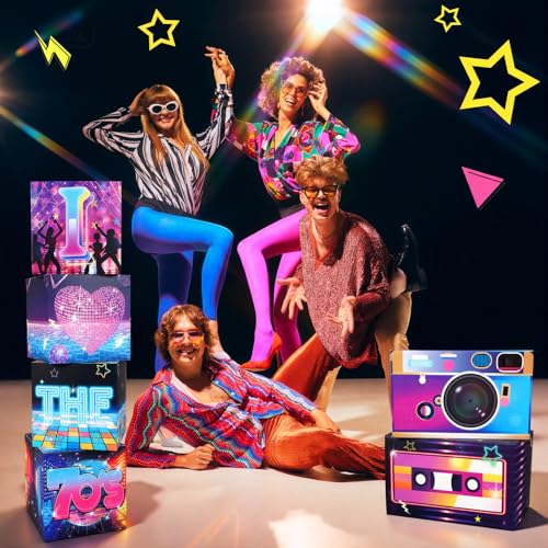 Amyhill 6 Pcs Large 70s Party Decorations Hip Hop Favor Set Paper Party Boxes Novelty Disco Theme Decoration for Retro 1970s 1980s 1990s Theme Birthday Neon Disco Music Supplies - style: 70s