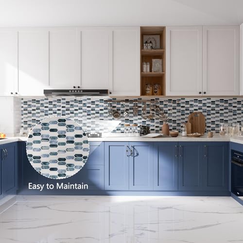 10-Sheet Backsplash Peel and Stick Tile Faux Marble 12"x12" White Blue Long Hexagon Self-Adhesive Glossy Heat Resistant Waterproof 3D Wall Panel Stick on Backsplash Kitchen Bathroom RV Fireplace - size: 12''x12''