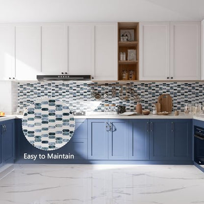 10-Sheet Backsplash Peel and Stick Tile Faux Marble 12"x12" White Blue Long Hexagon Self-Adhesive Glossy Heat Resistant Waterproof 3D Wall Panel Stick on Backsplash Kitchen Bathroom RV Fireplace - size: 12''x12''