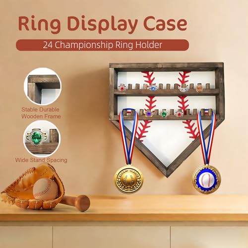 Baseball Championship Ring Holder Display Case, Softball Ring Holder Wooden, 24 Ring Posts, Sports Trophy Medal Wall Mount Display Box Stand for Men Boy - color: White