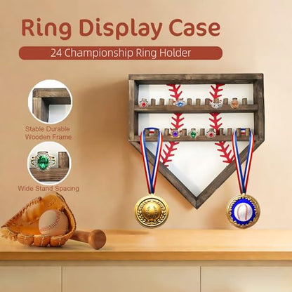 Baseball Championship Ring Holder Display Case, Softball Ring Holder Wooden, 24 Ring Posts, Sports Trophy Medal Wall Mount Display Box Stand for Men Boy - color: White