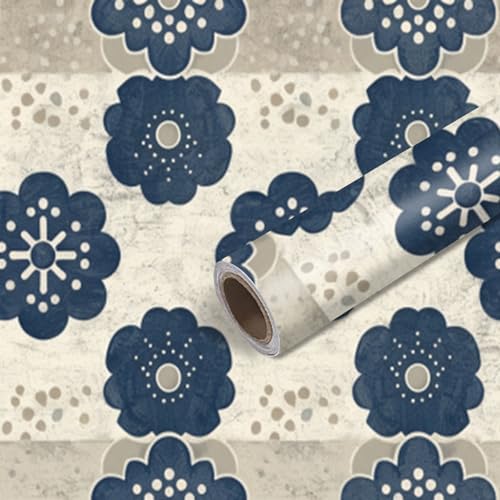 Nuxovilar Navy White Floral Medallion Textured Peel and Stick Wallpaper, 15.75"x39.37", Self-Adhesive Contact Paper, Traditional Tile Pattern for Bedroom, Living Room and Table Decor - color: YPH03368