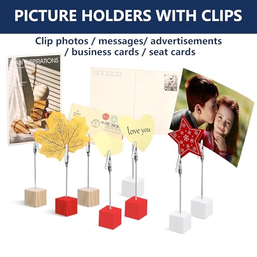 24PCS Wooden Cube Memo Holders with Alligator Clips Table Number Stands, Base Memo Clip Holder Photo and Card Display Clips for Wedding, Event, Office Desk Use (Red) - color: Red
