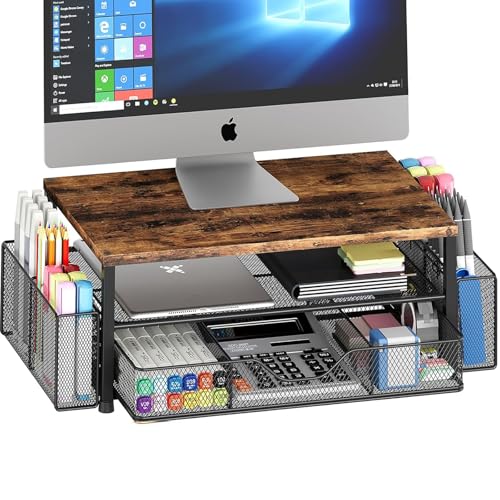 OPNICE Wood Desk Organizers and Accessories, 2-Tier Computer Monitor Stand Riser with Drawer and 2 Pen Holders, Laptop Stand, Office Desk Accessories for Office Supplies, Brown - color: Brown 1-Pack