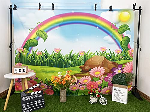 BELECO 7x5ft Fabric Rainbow and Sun Backdrop Enchanting Flowers Garden with Rainbow Cartoon Spring Photography Backdrop for Party Decoration Birthday Kids Boy Girl Baby Shower Photoshoot Photo Props - size: 7x5FT