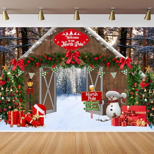 Christmas Backdrop 7x5FT North Pole Snowy Winter Forest Wooden Barn Door Photography Background for Family Holiday Party Decor Decorations Xmas Trees Family Banner Photo Booth Props - color: Colorful