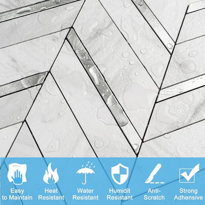 Herringbone Peel and Stick Backsplash, 10-Sheet Peel and Stick Wall Tiles Self Adhesive PVC Tile Stick on Backsplash Tiles for Kitchen Fireplace - color: White Marble Mixed Silver Metal