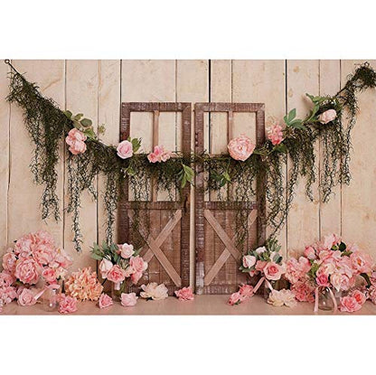 Haoyiyi 10x6.5ft Wedding Backdrop Rustic Pink Rose Flowers Wood Door Floor Board Photography Background Bridal Shower Mother's Day Valentine Anniversary Bride Girl Artistic Portrait Photo Studio Props