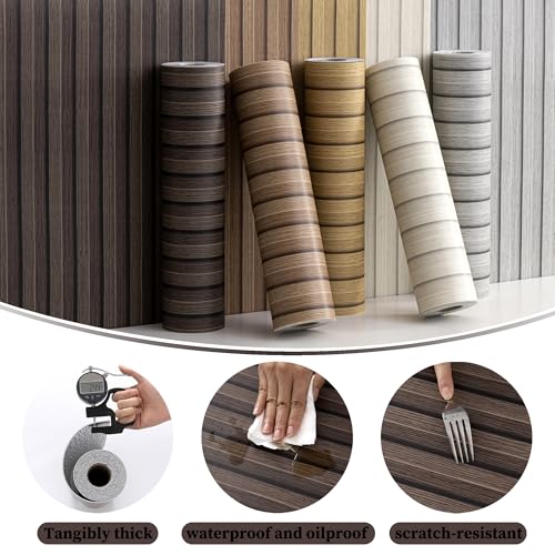 Peel and Stick PVC Slat Wall Panels, Wood Grain Self-Adhesive Soundproof Moisture-Resistant Paneling, 3D Faux Wood Panels for Bedroom Bathroom Walls & Ceilings 118"x15.75"(Dark Walnut,13Sq.ft) - color: Dark Walnut