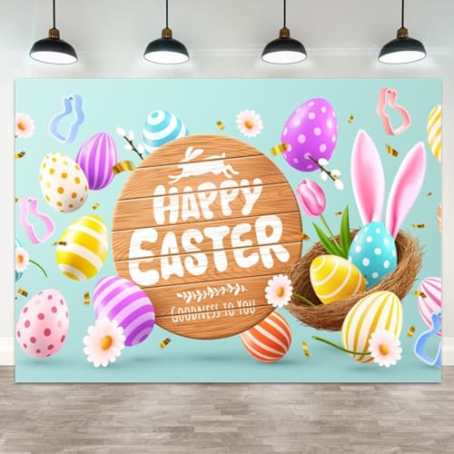 5x3ft Happy Easter Backdrop Spring Bunny Photo Background Colorful Eggs Floral Party Decorations Happy Easter Banner Rabbit Eggs Daisies Tulips Party Backdrop - color: color 7, size: 5x3ft