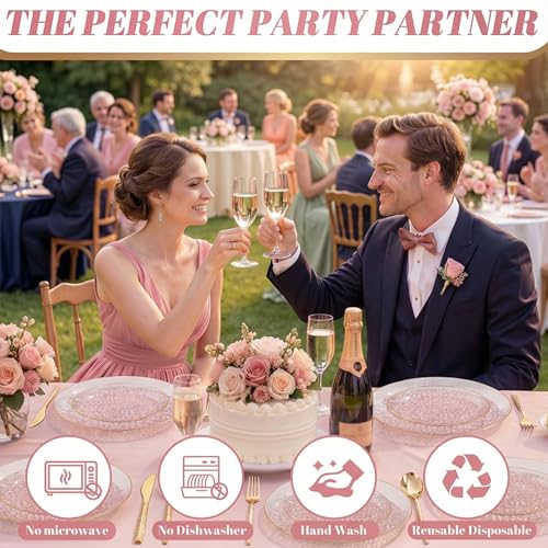 I00000 150Pcs Clear Pink Plastic Plates with Gold Rim,Pink Disposable Plates,Clear Hammer Patterned Disposable plates Set include 30 Dinner Plate,30 Dessert Plate,90 Plastic Silverware Set for Party - color: Clear Pink