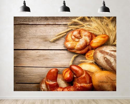 Trykid 7x5ft Fresh Bread Wheat Backdrop Assorted Baked Goods Wooden Table Photography Background Bakery Food Theme Party Decoration Tapestry Photo Booth Prop Fabric - size: 7x5ft