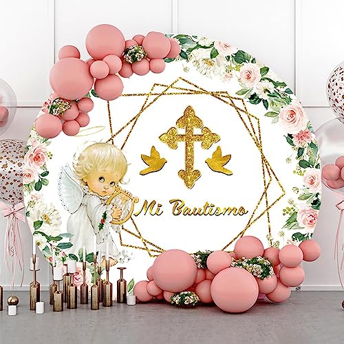 AOFOTO 7x7ft Mi Bautizo Round Backdrop Cover Polyester Baby Baptism First Holy Communion Circle Photography Background Floral Flowers Leaves Angel Cross Baby Shower Party Decors Photo Shoot Props - color: Green, size: 7x7ft