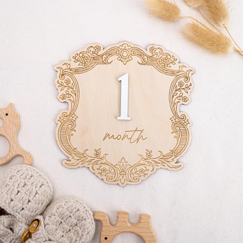 Vintage Wooden Baby Monthly Milestone Set, Elegant Engraved Frame with 3D Numbers and Month Months Signs, Newborn Photo Prop for Baby Monthly Pictures
