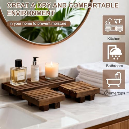 Klunk Waterproof Wood Risers Set of 3 (1 Long 8.7" + 2 Small 3.6"), Rustic Countertop Organizer Display Stands for Bathroom Vanity, Perfume & Skincare, Kitchen Spice Rack Riser, Farmhouse Decor