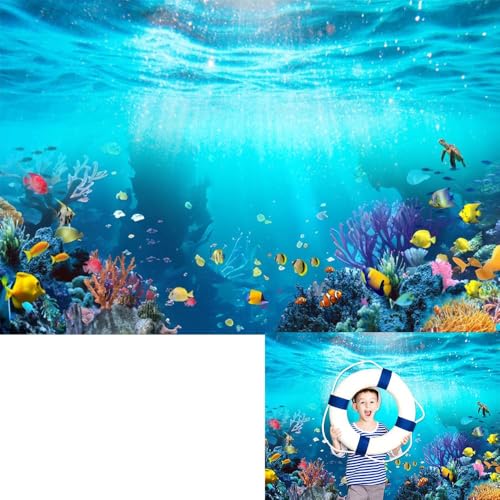 Deep Sea Underwater Backdrop 15x10ft Under The Sea Blue Ocean Sunlight Seabed Aquarium Photography Background, Turtle Tropical Fish Coral Diving Birthday Party Photo Studio Props - color: Blue1, size: 15x10ft
