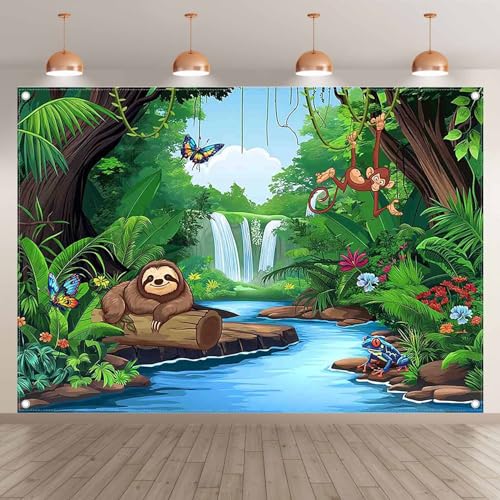 Polyester 7x5ft Rainforest Backdrop Tropical Jungle Forest Safari Animal Background for Kids Adventure Party Decorations Summer Event Photo Banner Props - size: 7'x5'