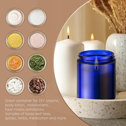 Tecohouse 8oz Glass Jars with Lids, 3 Pack Candle Jars with Blank Labels, 250g Blue Wide Mouth | Cosmetic Containers for Sample, Cream, Lotion, Honey, Powder, Jelly | Kitchen & Home - color: Blue-Black Lids
