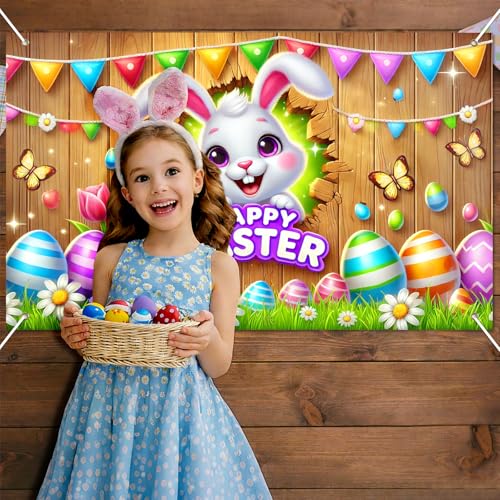 BlissYard Happy Easter Party Backdrop Banner Cute Bunny Backdrop Spring Easter Floral Rabbit Colorful Eggs Sign Green Grass Yard Background Photography Party Decoration Photo Prop - color: Easter Bunny#5