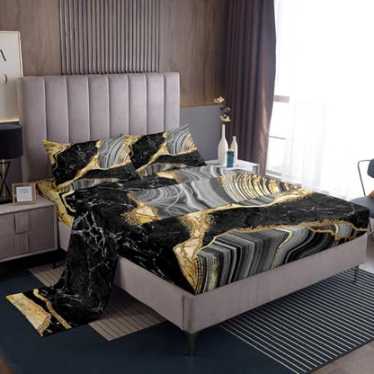 Black Marble Sheet Set Gold Metallic Marble Design Sheets with Deep Pocket Fitted Sheet Abstract Marble Texture Bed Sheets Set Grey Gold Bedding Set Golden Streaks 4Pcs With 2 Pillow Case King Size - color: Multi Aa01, size: King