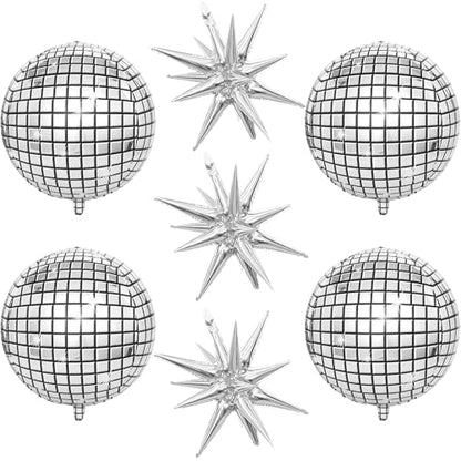 HILAVO 22 Inch Large 4D Metallic Silver Disco Ball Balloon with Explosion Star Foil Balloons for 70s 80s 90s Themed Party, Birthday, New Year, Graduation - color: Disco Ball Star