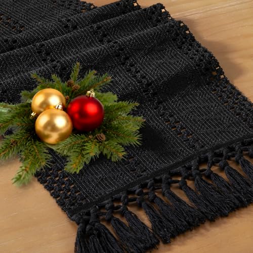 Socomi Boho Table Runner Summer Farmhouse Rustic Dining Kitchen Centerpiece Decor Small Macrame Woven Cotton Linen Coffee Table Runner for Dresser Scarf Home Decor 12x48 inch Black - color: Black, size: 12" X 48"