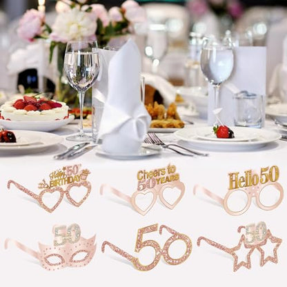 Guiruiy 24PCS 50th Birthday Paper Eyeglasses Decorations for Women, Pink Rose Gold Happy 50th Birthday Eyeglasses Party Supplies, Funny Fifty Year Old Birthday Glasses Photo Props Decor - style: Rose Gold 50th