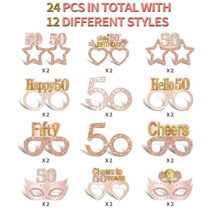 Guiruiy 24PCS 50th Birthday Paper Eyeglasses Decorations for Women, Pink Rose Gold Happy 50th Birthday Eyeglasses Party Supplies, Funny Fifty Year Old Birthday Glasses Photo Props Decor - style: Rose Gold 50th