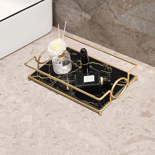 Vanity Bathroom Counter Tray Gold Glass Perfume Organizer Holder Cosmetics Makeup Skincare Display Decorative Vanity Trays Storage Rack for Bathroom Dresser Bedroom (1 Tier Black Gold-Small) - color: Black Gold-small
