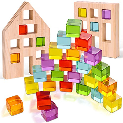 Woodtoe Wooden Building Blocks Set for Kids, 24 PCS Rainbow Gem Cubes Stacking Blocks - 2 Wood House, Montessori Stacking Toy for Toddlers, Educational STEM Sensory Birthday Toy for Boys Girls 3-6 - style: 24 PCS Rainbow Blocks Set