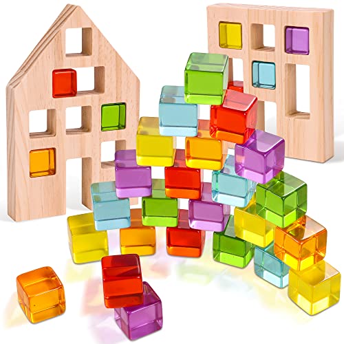 Woodtoe Wooden Building Blocks Set for Kids, 24 PCS Rainbow Gem Cubes Stacking Blocks - 2 Wood House, Montessori Stacking Toy for Toddlers, Educational STEM Sensory Birthday Toy for Boys Girls 3-6 - style: 24 PCS Rainbow Blocks Set
