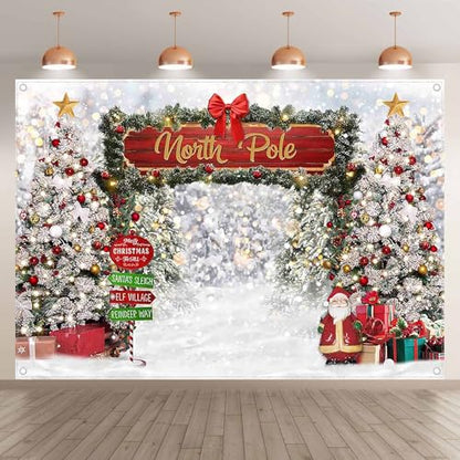 Fabric 7x5ft Merry Christmas Winter Bokeh Photography Backdrop North Pole Forest Snow Xmas Tree Background Santa Party Decoration Holiday Photo Banner Props - size: 7'x5'
