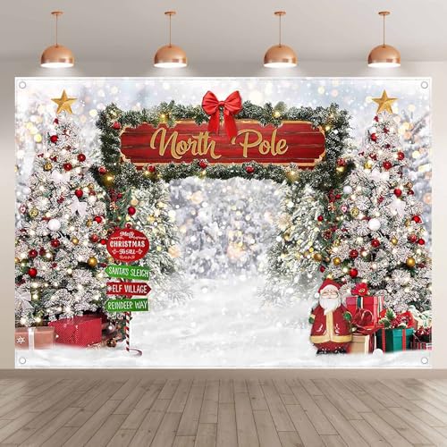 Fabric 7x5ft Merry Christmas Winter Bokeh Photography Backdrop North Pole Forest Snow Xmas Tree Background Santa Party Decoration Holiday Photo Banner Props - size: 7'x5'