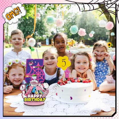 Baderke Pink Spider Theme Birthday Number Sign 16.7'' Purple Spider Birthday Centerpiece for Party Decor Wooden Table Photo Prop(5th) - style: 5th