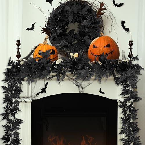 Helimoto 8 Pack Halloween Garland Outdoor, 47.2 FT Black Autumn Leaves Garland, Artificial Hanging Fall Decorations for Home, Fall Garlands for Autumn Thanksgiving Halloween Decor Wedding Party Mantle - color: Black, size: 8 Pcs