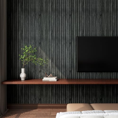 LACHEERY 160 X 24 Inch Black Wood Slat Wall Panel Peel and Stick Wallpaper 3D Wood Panel Wallpaper Peel and Stick Modern Removable Wooden Slat Wall Paneling for Tv Backdrop Accent Paper Vinyl Cover - color: Black, size: 24" x 160"