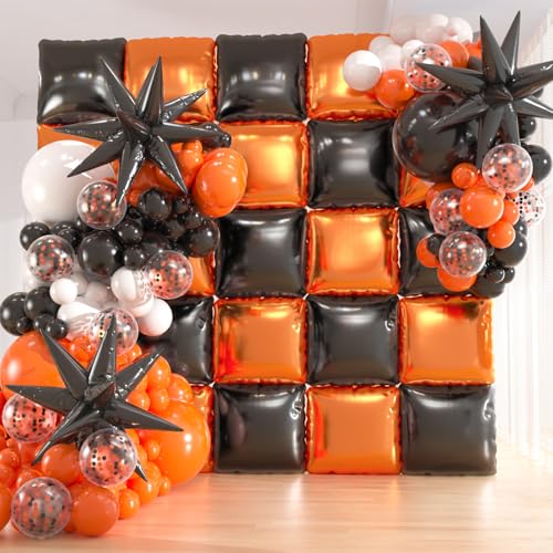 25pcs Black and Orange Foil Square Balloon Backdrop Wall &149pcs Black Orange White Balloons Arch, Double Sided Balloon Tunnel for Graduation, Birthday, Halloween Party Decor - color: Black & Orange