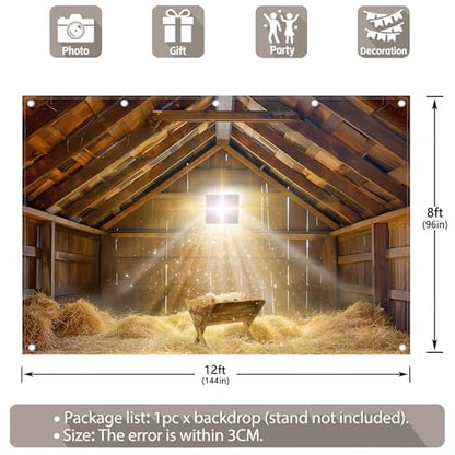 12x8ft Fabric Christmas Manger Scene Backdrop Birth of Jesus Nativity Holy Family Photography Background Barn Stable Christian Party Decor Photo Props - size: 12'x8'