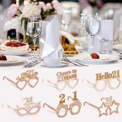 Guiruiy 24PCS 21st Birthday Paper Eyeglasses Decorations for Her, Pink Rose Gold Happy 21st Birthday Eyeglasses Gifts for Girls Women, Funny Finally 21 Year Old Birthday Glasses Party Supplies - style: Rose Gold 21st