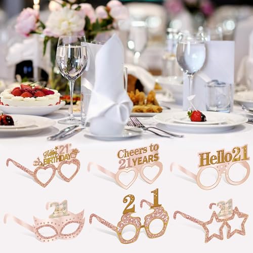 Guiruiy 24PCS 21st Birthday Paper Eyeglasses Decorations for Her, Pink Rose Gold Happy 21st Birthday Eyeglasses Gifts for Girls Women, Funny Finally 21 Year Old Birthday Glasses Party Supplies - style: Rose Gold 21st