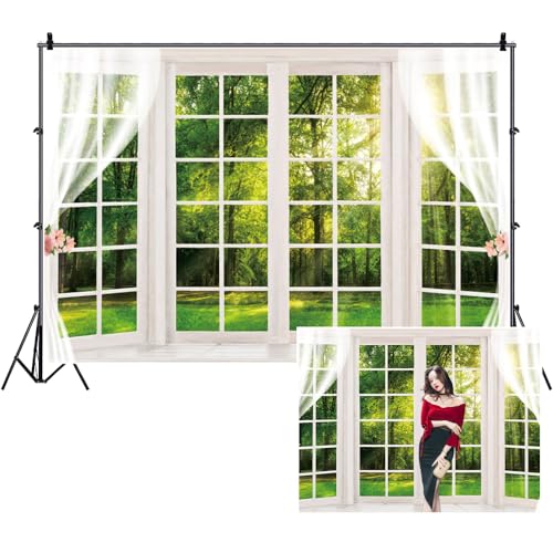 10x6.5ft Spring Window Scenery Backdrop White Windowsill Green Forest Trees Grassland Sunshine Natural Photography Background for Newborn Baby Kids Family Portrait Photo Shoot Prop Wallpaper - size: 10x6.5ft