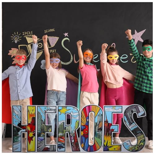 Bucherry 7.7ft Heroes Comic Letter Cardboard Cutout Stand up Life Size Hero Themed Party Decoration Backdrop Photo Props Stand up for Theme Activities Supply - size: 7.7ft, style: Heroes Comic Letter