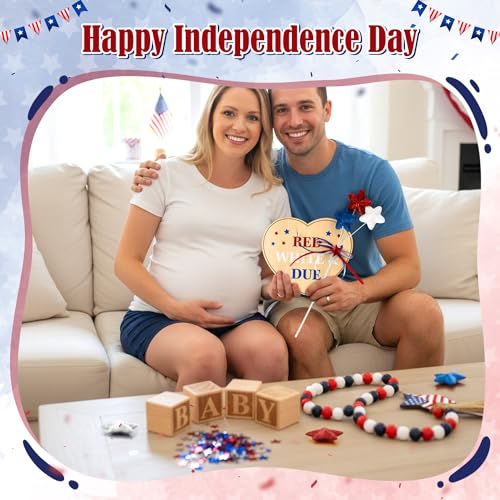 11Pcs Pregnancy Announcement Set 4th of July Baby Coming Soon Announcements Ideas Include Red White & Due Wooden Sign Star Beads Garland Red White Blue Pregnancy Reveal Photo Prop for Independence Day - color: Red White Blue
