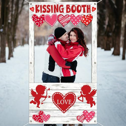 Valentine's Day Party Decorations Kissing Booth Theme Photo Booth Props Cupid Love Heart Banner Valentine Picture Frame for Couple Restaurant Wedding Backdrop Valentines Theme Party Favors Supplies