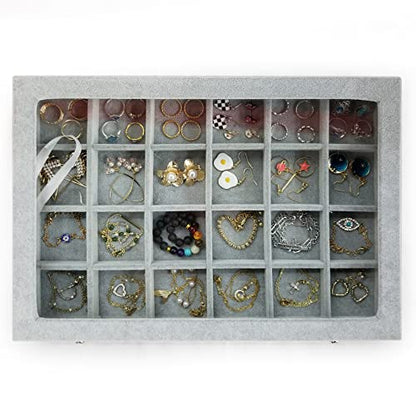Removable 24 Grids Jewelry Organizer Box Ice Velvet Clear Lid Jewelry Tray Display Case for Earrings Rings Bracelet Grey - color: 24 Grids