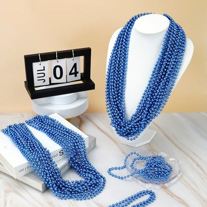 YAXINRUI 120 PCS Blue Bead Necklaces, Blue Mardi Gras Christmas Bead Necklaces, Patriotic Necklace, 33 Inch Round Beaded Necklace for Mardi Gras Christmas 4th of July Festive Events - color: Blue, size: 120 Pcs