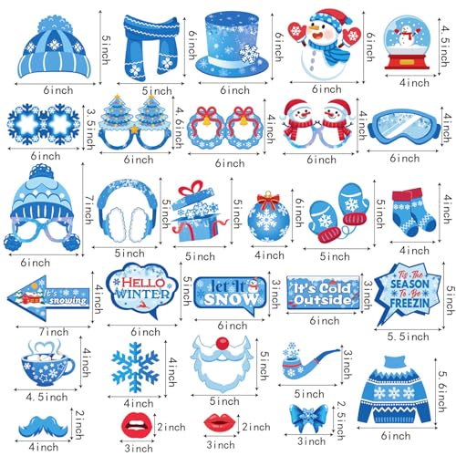 Qpout 38 Pcs Winter Photo Booth Props Kit with Glasses, Winter Wonderland Christmas Decorations, Snowman Snowflake Party Supplies, Holiday Photo Accessories